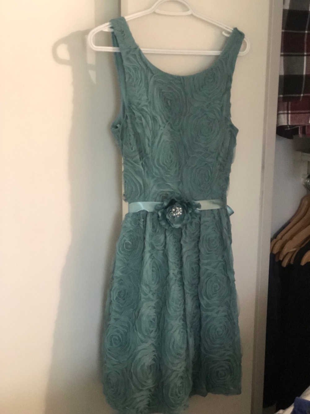 Teal Rose Rosette Textured Cocktail Dress w/ Embellished Floral Sash Accent
